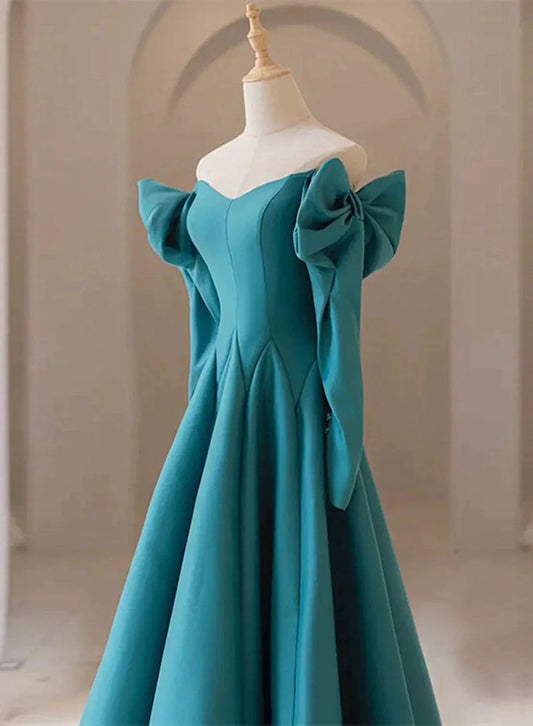 Teal Blue Long Sleeves with Bow A-line Sweetheart Prom Dress, Teal Blue Evening Dress S5171