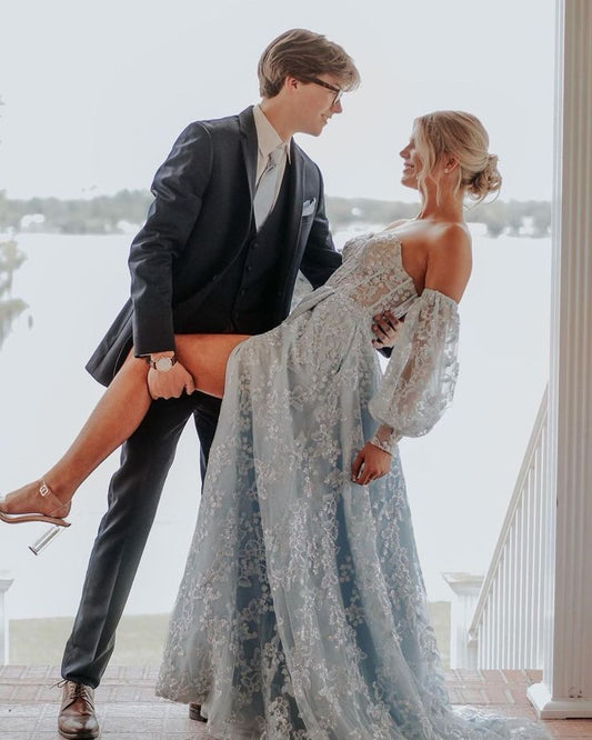 Sparkly A Line Sweetheart Light Blue Sequins Lace Long Prom Dresses with Slit fg4749