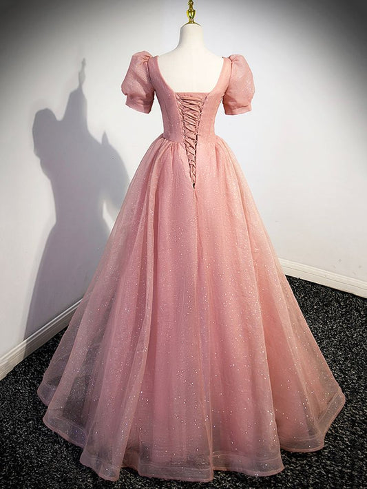Tulle Floor Length Prom Dress with Short Sleeve, Beautiful A-Line Evening Dress S4988