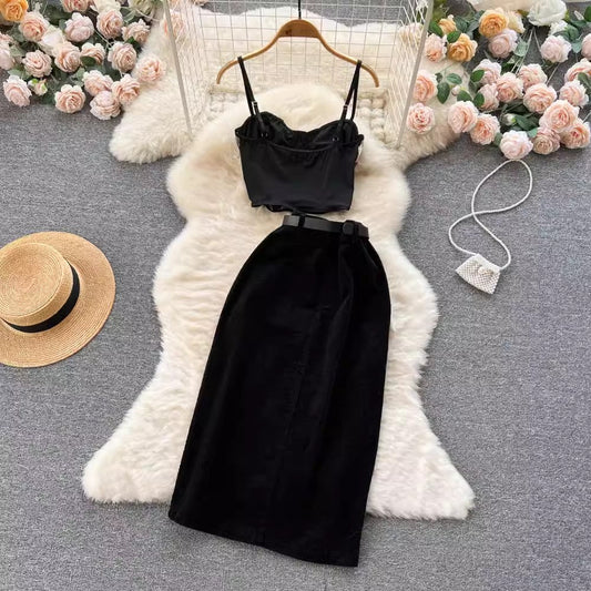 elegant women's mesh lace strap tube top + corduroy skirt two-piece set S4545