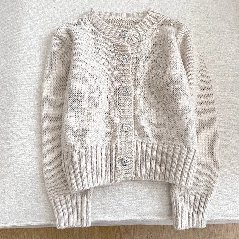 Solid color simple sequined round neck knitted cardigan long-sleeved sweater jacket S4786
