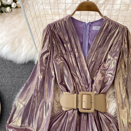 sexy long-sleeved metallic pleated V-neck dress elegant dress long skirt S3987