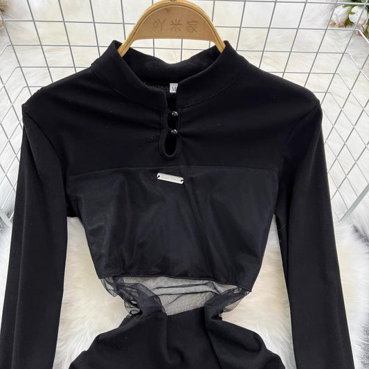 Fashionable sexy long-sleeved mesh waist dress S4000