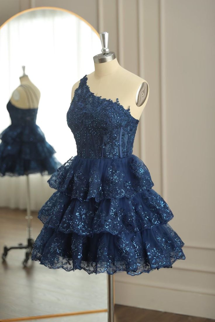 Dark Navy One Shoulder Appliques Multi-Layers Tulle Homecoming Dress fg4307