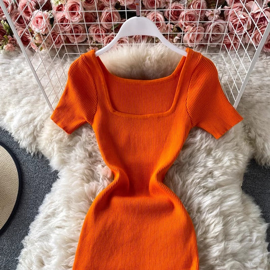 little black dress new style knitted square neck slit dress women's design mid-length skirt S4006