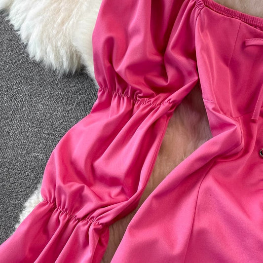 Puff Sleeve Square Neck Mid-Length Dress Fashionable Skirt S4012