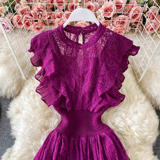 Lace Round Neck Dress, Long Sleeve Fashionable Elegant Ruffled Long Skirt S3984