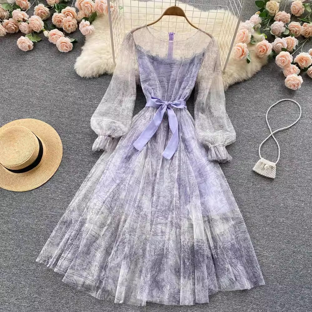 Puff Sleeve Dress Women's Print Sweet A-Line Skirt S4661