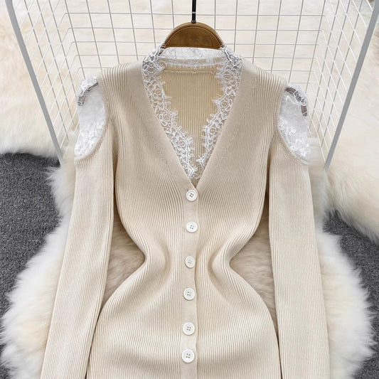 V-neck lace knitted dress for women sweater skirt S3997