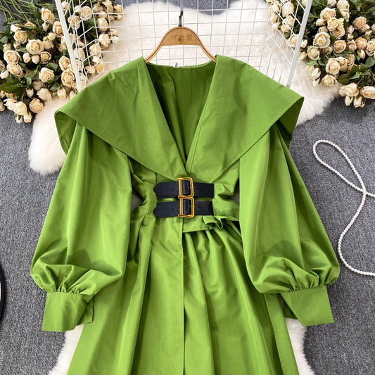 lantern sleeve mid-length dress V-neck irregular slit dress S3993