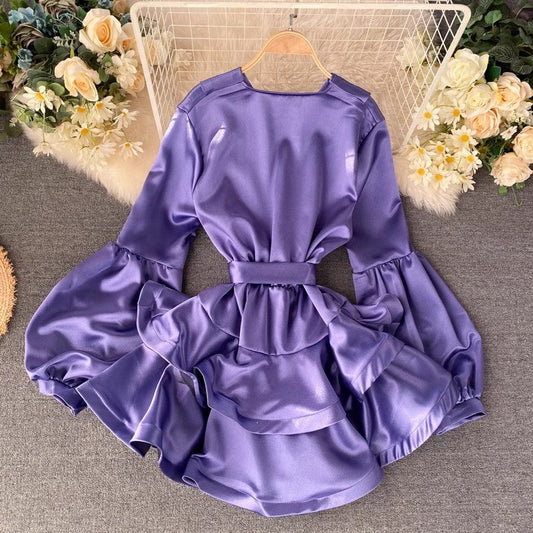 trendy women's satin lantern sleeves ruffle dress S4520