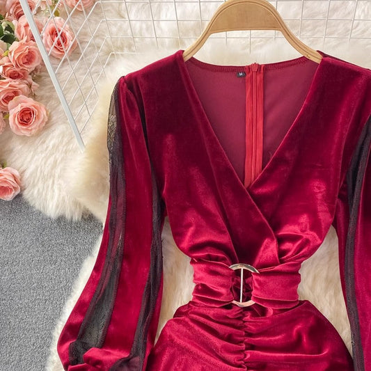 Sexy Cross V-neck Pleated Velvet Slit Dress S3994