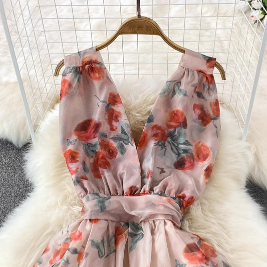 Floral Long Skirt Sweet Sleeveless A-Line Chiffon Dress S4323
