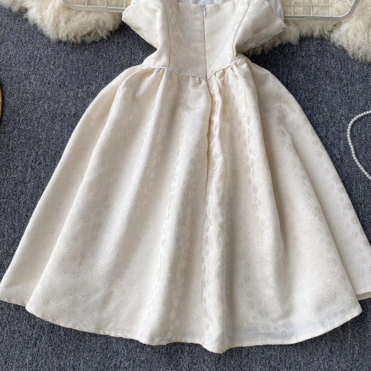 White Square Neck Puff A-line Dress S4473