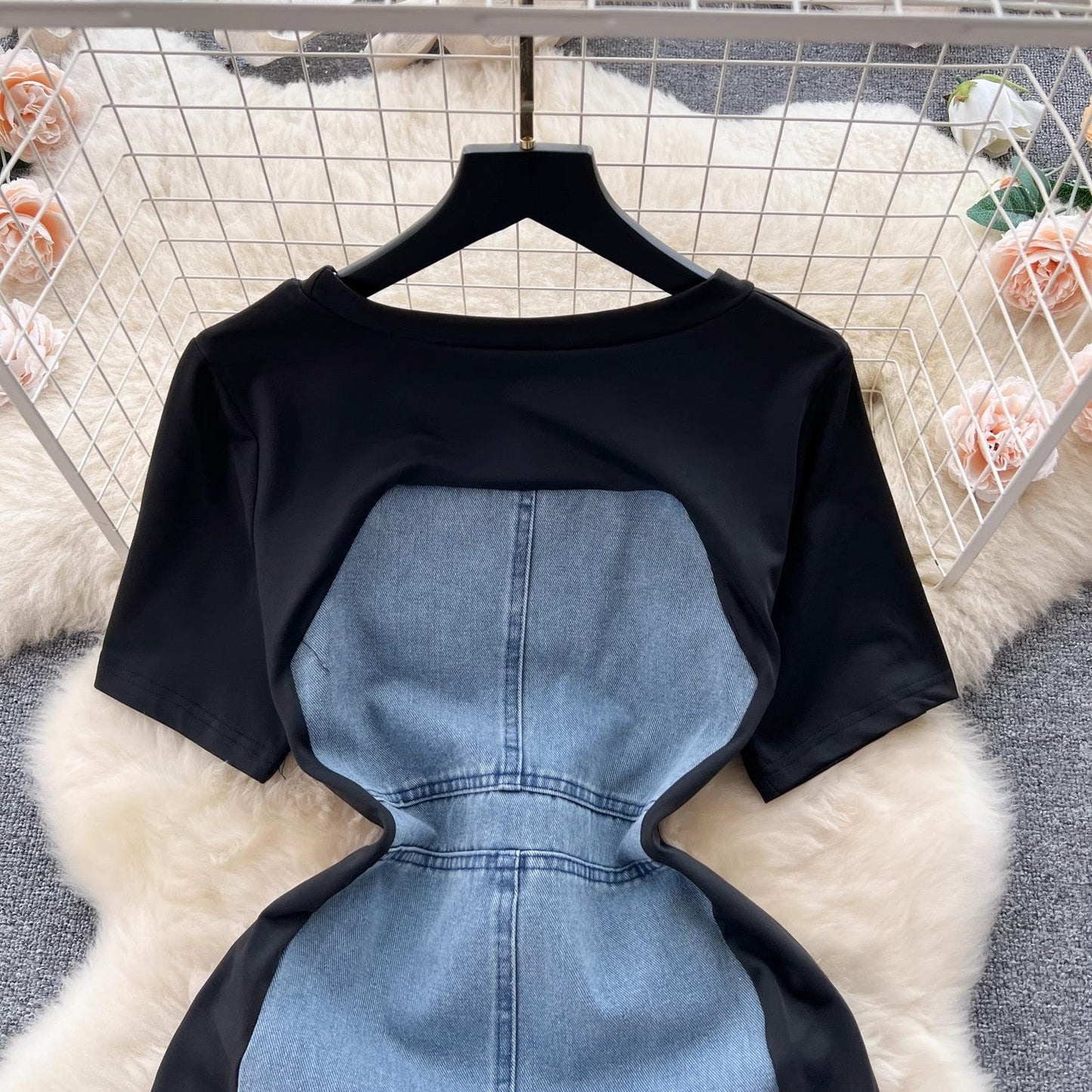 French retro short-sleeved denim dress women's chic casual long skirt S4531