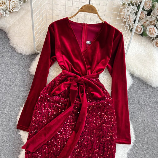 Fashionable long-sleeved V-neck mid-length velvet sequin dress S3956