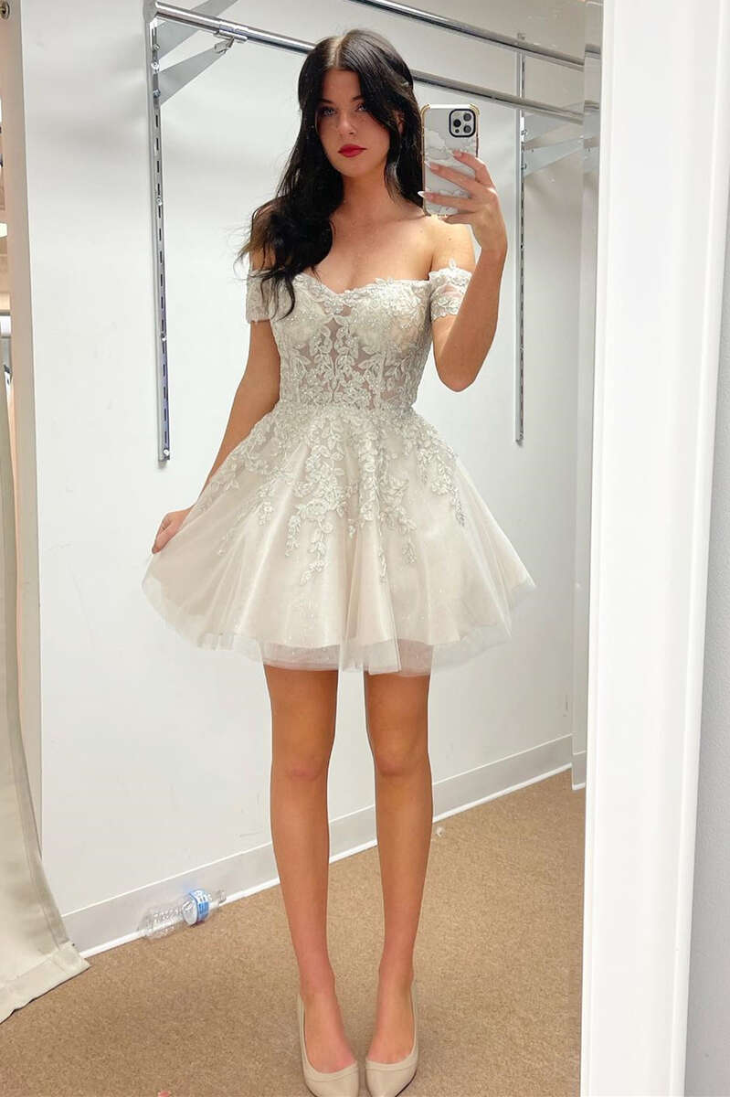Ivory Lace Off-the-Shoulder A-Line Short Dress Homecoming Dress fg3400