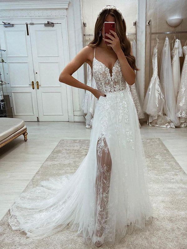 Spaghetti Straps Elegant Princess Charming Garden Vintage Dream Beach Long Wedding Dresses S3697