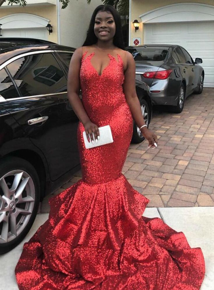 Glamorous Red Mermaid Sequin Sheer Illusion Sleeveless Long Prom Dress S3827