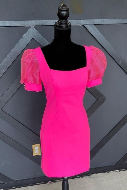 Fuchsia Puff Sleeves Square Neck Sheath Homecoming Dress S2846