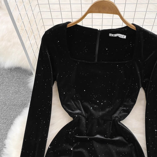 square neck velvet dress sexy high slit sparkling dress long skirt S4139