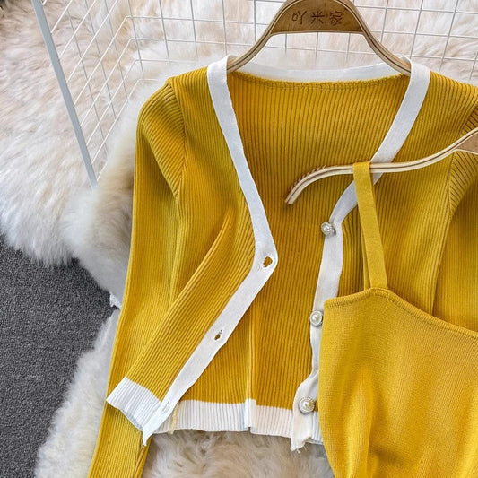 Fashionable v-neck long-sleeved knitted top cardigan two-piece suit mid-length dress S4238