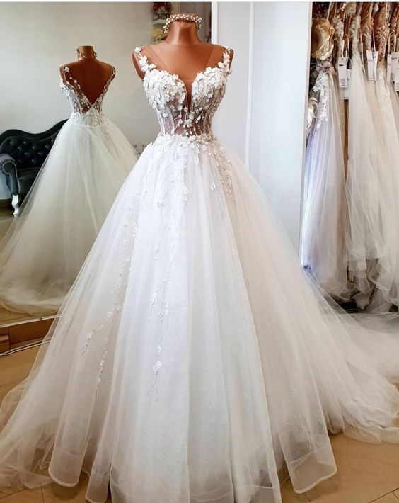 White V neck Long Fashion Wedding Dress fg3846