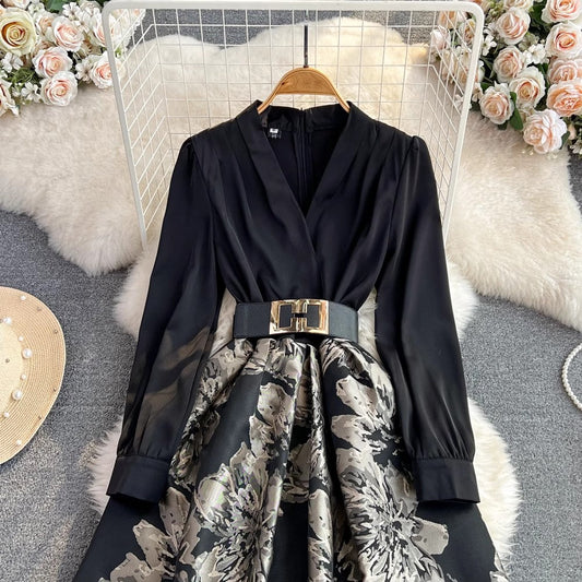 long-sleeved V-neck printed A-line dress elegant long skirt S4146