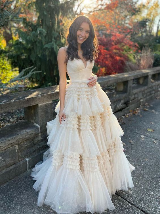 Fashion Save champagne tulle long prom dress, champagne tulle formal dress S2974