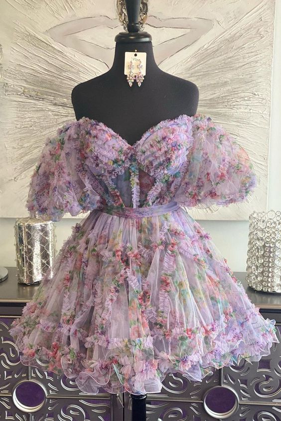 A LINE OFF THE SHOULDER PRINTED HOMECOMING DRESS fg3613