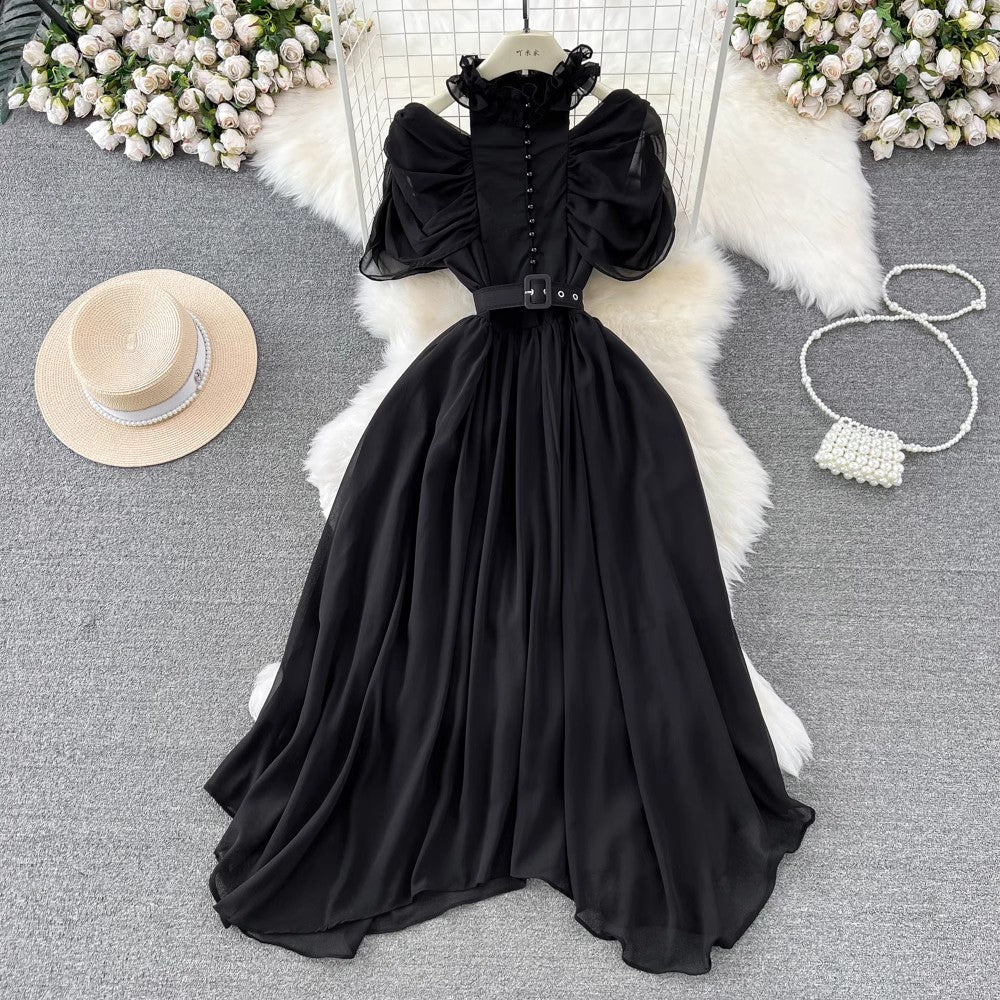off-shoulder pleated A-line chiffon dress elegant long skirt S4424