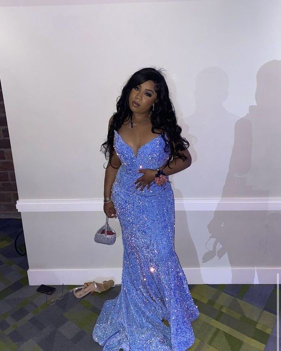 Light Blue Sequins Sparkly Prom Dress S3716