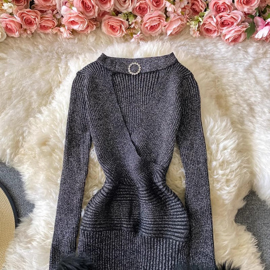 sexy V-neck halterneck mid-length knitted dress S4245