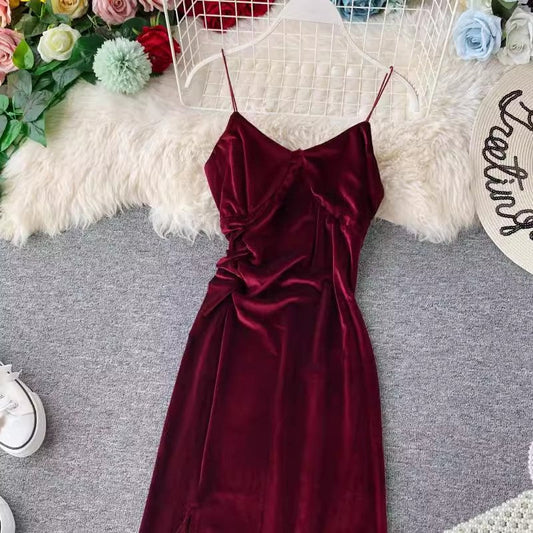 chic sexy velvet dress women's mid-length V-neck suspender skirt S4340