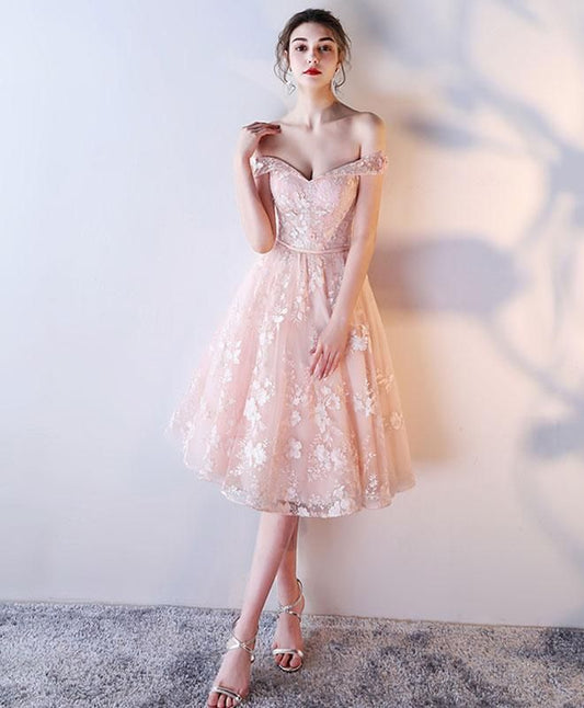 Pink lace off shoulder short prom dress,lace evening dress S3332