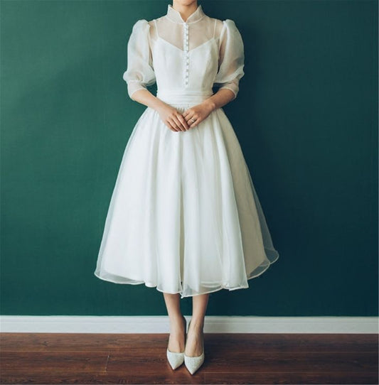 Ivory Organza Short Tea Length Wedding Dress,Vintage High Neck Wedding Dress,Short Bridal Dress Gown S3544