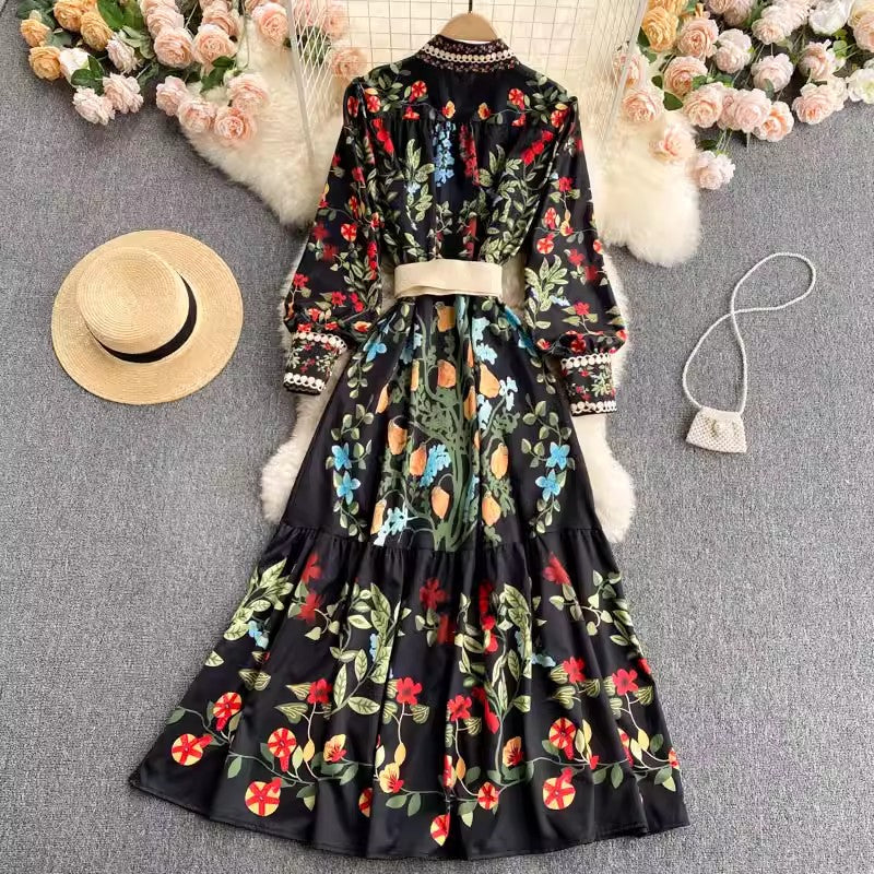 round neck long sleeves ruffles a-line skirt S4640