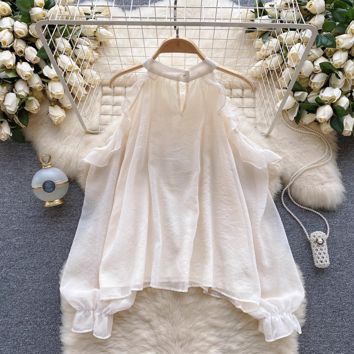 chiffon top women's long-sleeved beaded halterneck shirt S4594