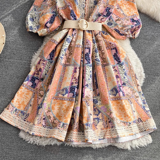short-sleeved V-neck mid-length a-line printed dress S4291