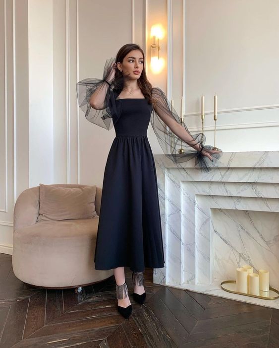 Elegant A Line Long Sleeves Evening Dress Black Simple Square Collar Party Gowns
