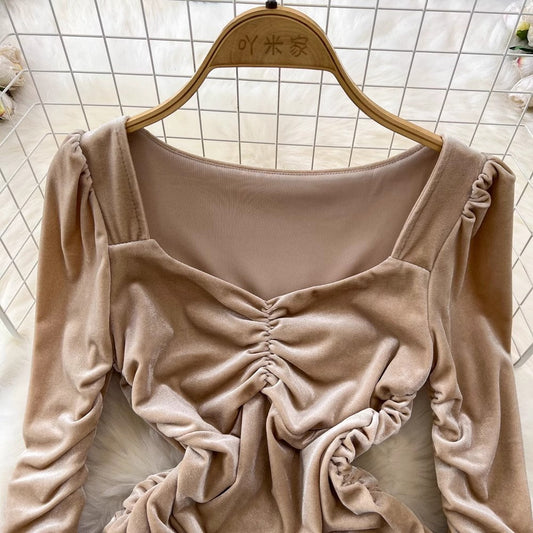 sexy long-sleeved V-neck pleated velvet dress S4348