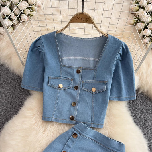 Fashion suit for women hot girl square neck puff short-sleeved denim shirt two-piece set S4100