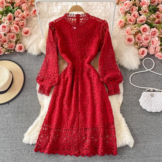 New style round neck puff sleeve lace dress S3887