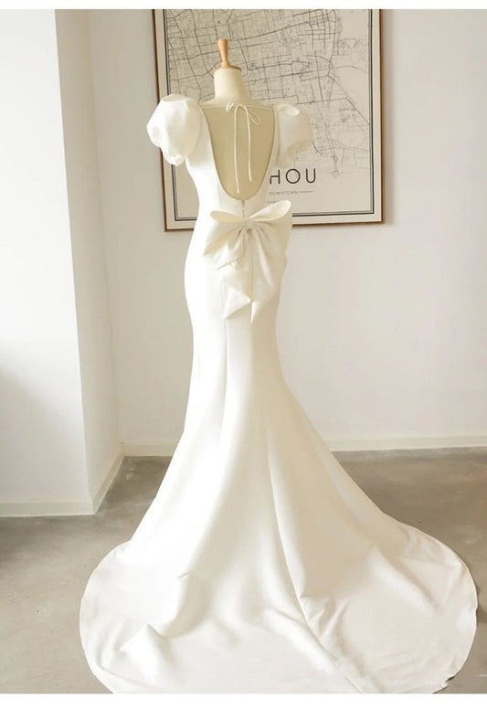 puffed Sleeve Evening Dress, White Mermaid Evening Dress ,custom Made S3353
