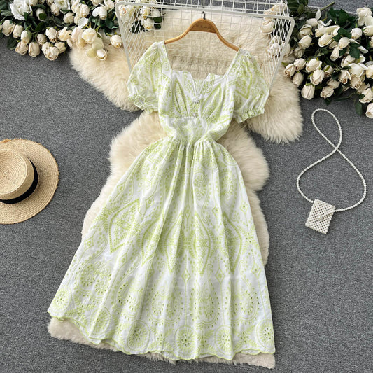 High Waist Puff Sleeve Long Lace Dress S4457