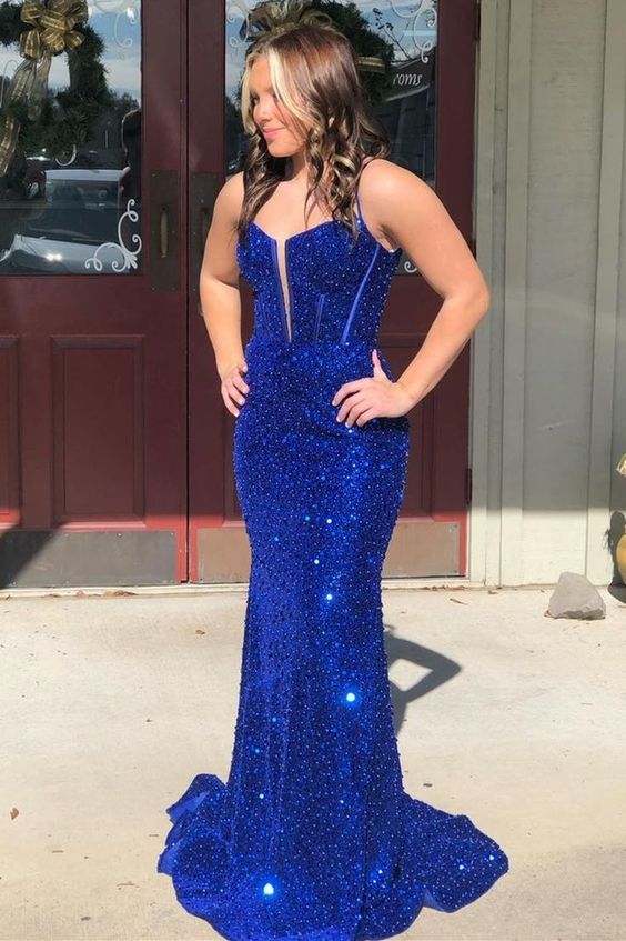 Blue Sequin Split Neck Mermaid Long Prom Dress S3719