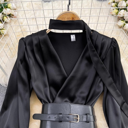 V-neck bubble long-sleeved dress S3895