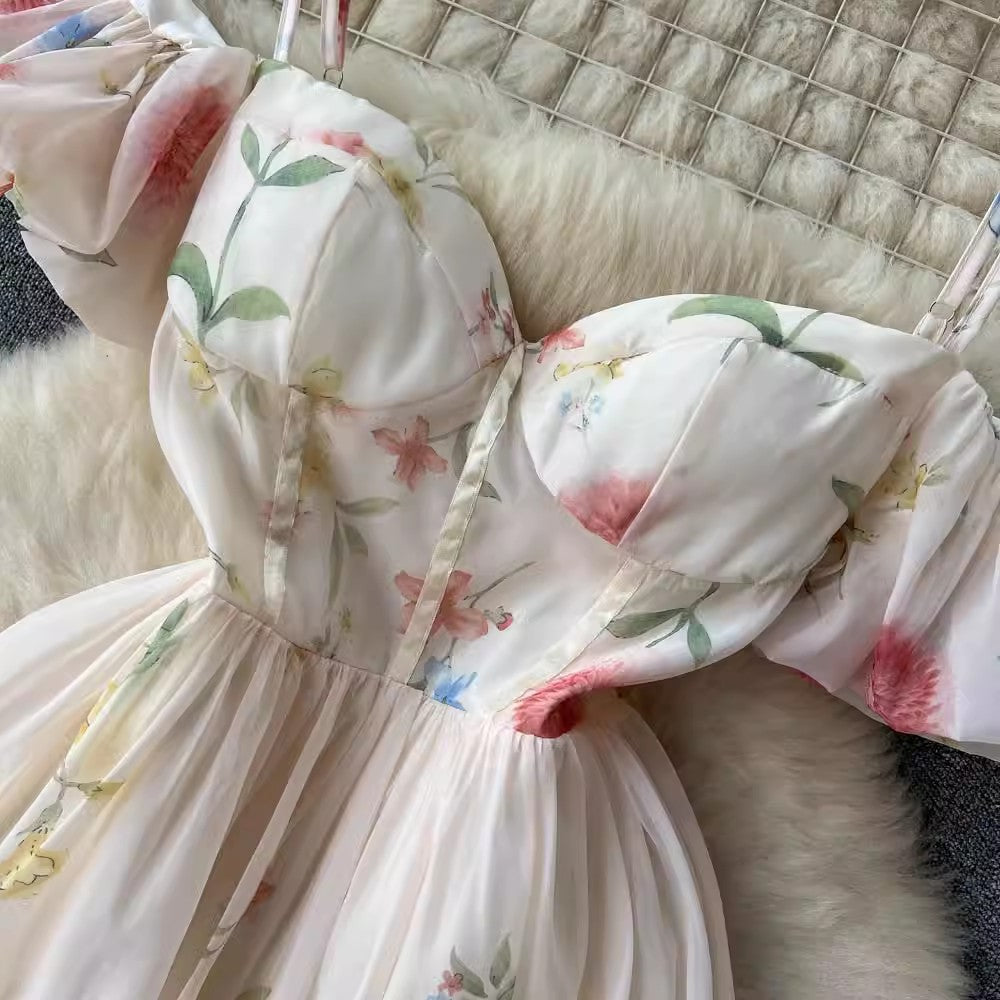 French tube top suspender dress for women floral puff sleeves mesh skirt S4529