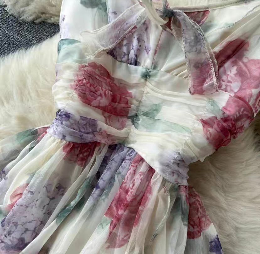 Floral Dress, Strap V-neck Dress S4435