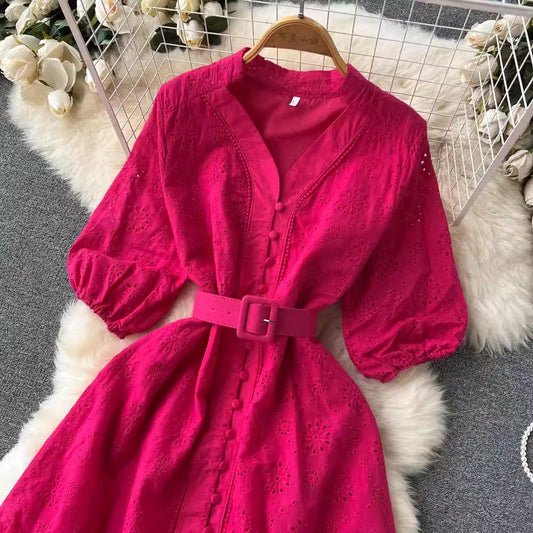 V-neck dress women's puff sleeves ruffle long skirt S4560